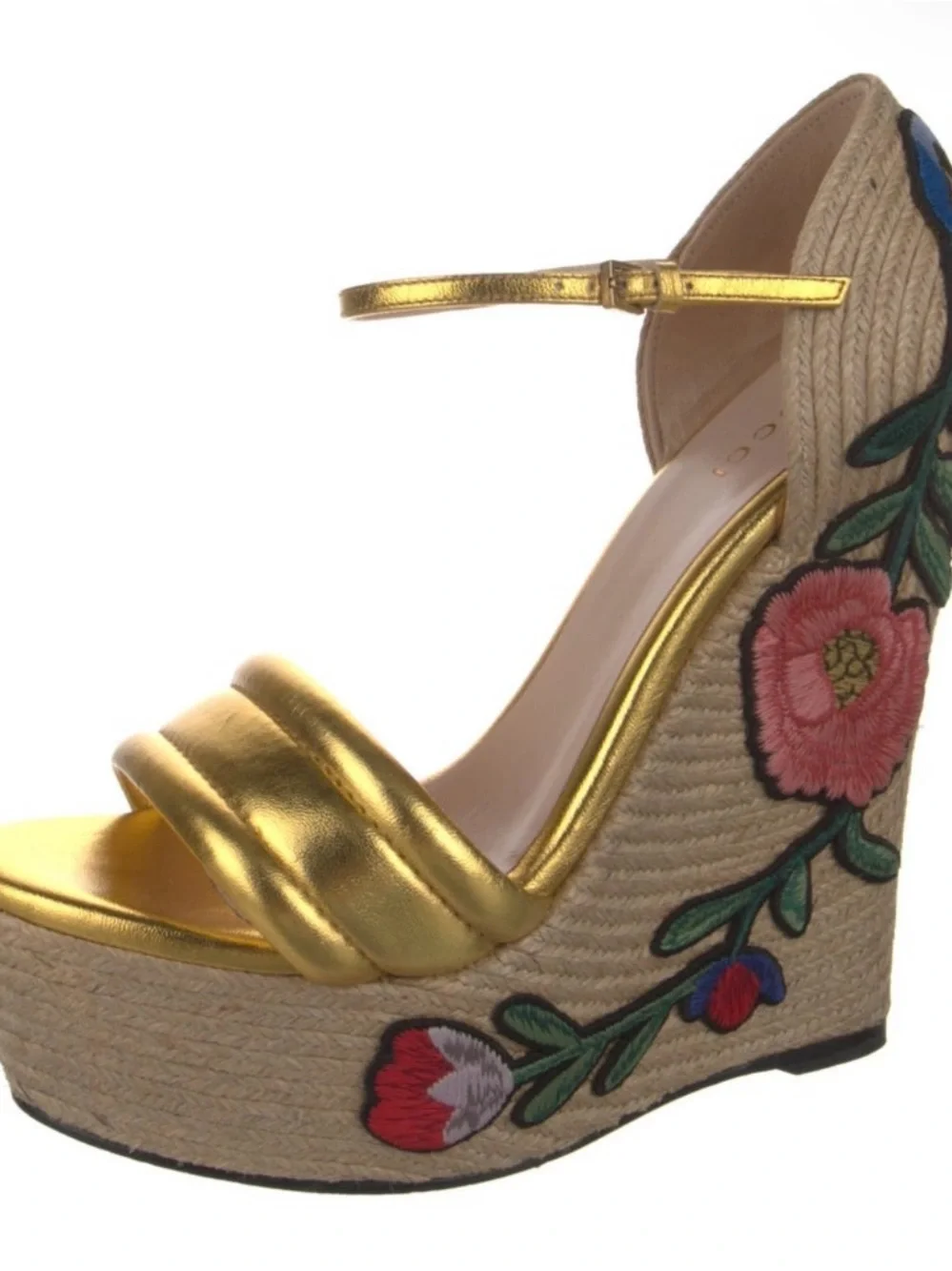 Gucci Gold Metallic Embroidered Espadrille Wedge Sandals